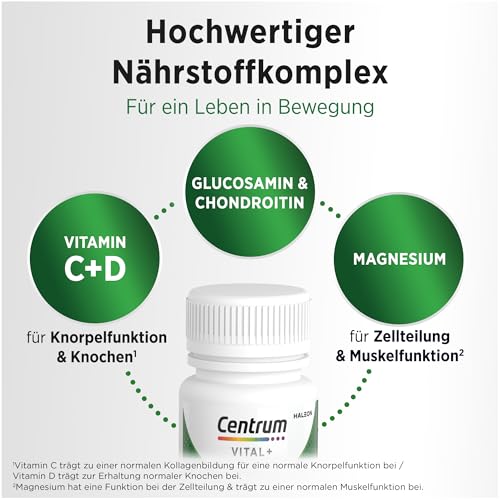 Multivitamin Tabletten in weißem Behälter mit grünem Deckel Detailaufnahme - Detailansicht von Centrum Vital+...