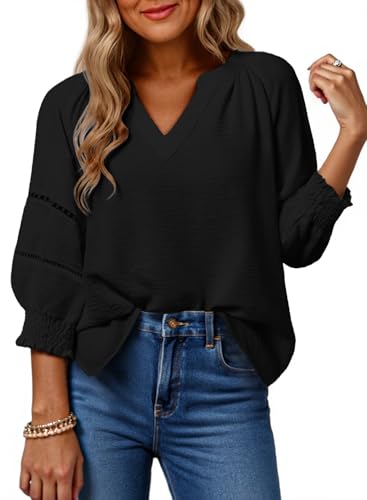 Dokotoo Womens 3/4 Sleeve Tops Pleated Business Casual Outifits V Neck Blouses Office Loose Shirts