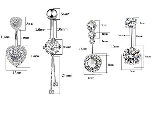 14G Surgical Steel Belly Button Rings Round/Love Heart Clear Cz Navel Curved Barbell Studs Sexy Body Piercing (4Pcs - Steel) #TOP1