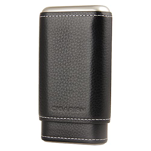 CIGARISM Genuine Leather Cedar Lined Cigar Travel Holder Case 3 Count (Black)