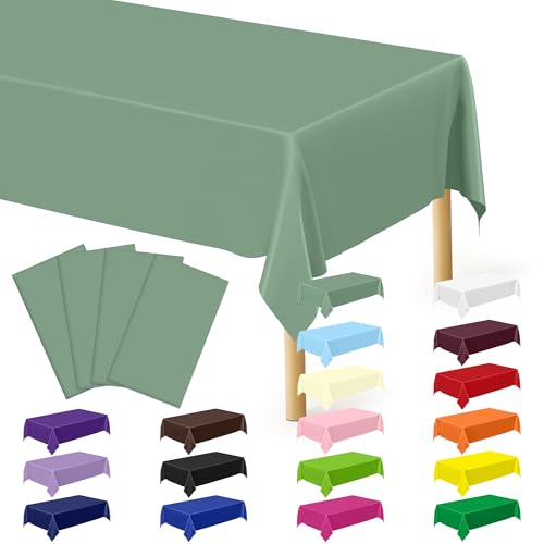 Image of 4 Pcs Picnic Table Cover, 54 inch X 108 inch Table Cloth Rectangle Table, Disposable Sagegreen Plastic Table Cover, Waterproof Tablecloths for Wedding, Baby Shower Decorations and Birthday Party Supplies