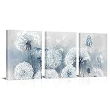 iHAPPYWALL 3 Pieces Blue Dandelion Canvas Wall Art Abstract Wish Flower Butterfly Picture for Bathroom Bedroom Kitchen Wall Decor Ready to Hang 12x16inchx3pcs (Blue)