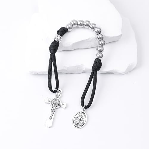 Nazareth Store Strong Military One Decade Paracord Rosary Silver Beads Pocket Car Rosary Pray For Us St. Joseph Medal & St. Benedict Cross (Black Paracord Rosary) - Thumbnail 2