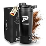 PUREPULS Protein Shaker Edelstahl 750 ml Schwarz — Doppelwandig Isoliert, Auslaufsicher mit Schraubverschluss, Mix-Ball inklusive & Frucht-Infuser, 304 Edelstahl, BPA-frei, Spülmaschinenfest (45°)