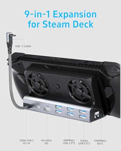 Dual Cooling Fans 12 in 1 Steam Deck Docking Station with 4K@60Hz 2.0,6 USB Ports,1000Mbps,USB-C 100W PD,40Gbps Adapter for Steam Deck/Rog Ally/Switch/Legion Go