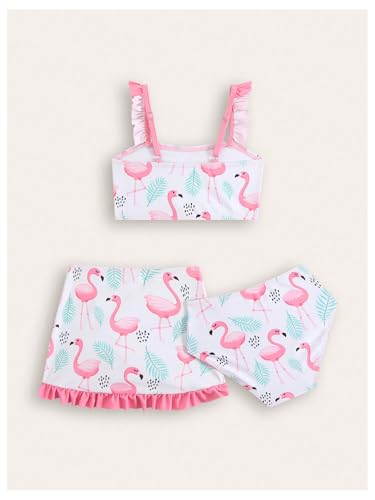 Image of MakeMeChic Girl's 3 Piece Tropical Print Bikini Set Ruffle Backless Bathing Suit with Cover Up Skirt