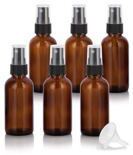 JUVITUS 2 oz Amber Glass Boston Round Bottle with Black Fine Mist Spray (6 pack) + Funnel