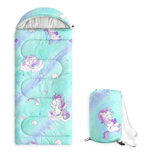 Wake In Cloud - Kids Sleeping Bag for Girls Toddlers, Camping in Warm Cold Weather, Backpacking Lightweight Compact Outdoor Liner for 3 Seasons, Unicorns Rainbow Hearts, Sky Blue