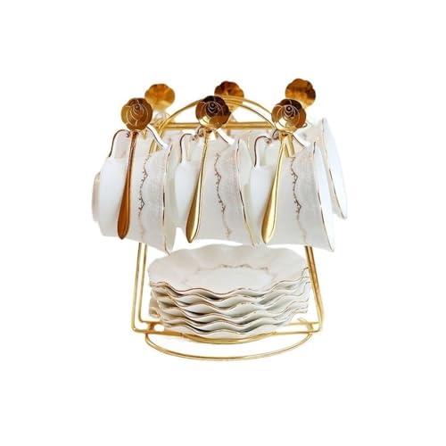 RUOXIUKHBZPS Juego de 6 tazas de té y platillos con adornos dorados, tazas de café en relieve con soporte de metal, color blanco