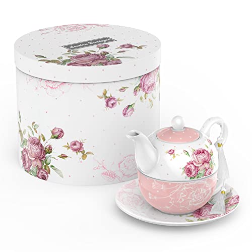 London Boutique, Set con teiera con tazza e piattino per una persona per il tè pomeridiano, in porcellana fine Bone China, vintage, con motivo floreale, adatto come regalo per donne, 350 ml (rosa)