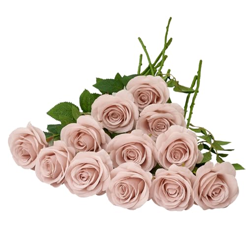 Helera 12pcs Roses Artificial Flowers Fake Roses Dusty Pink Silk Roses White Silk Flowers Rose with Long Stems for Wedding Home Party Centerpieces Decorations