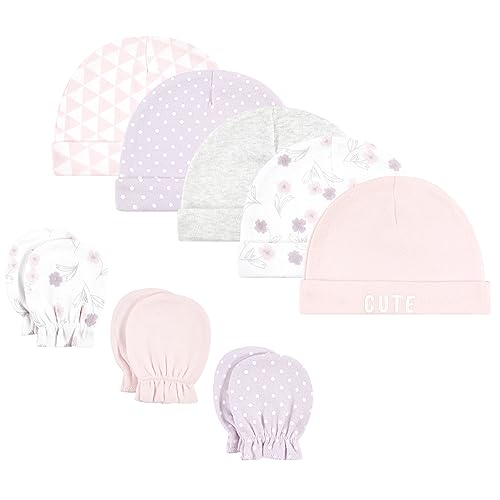 Hudson Baby Unisex Baby Cotton Cap and Scratch Mitten Set, Lavender Floral, 0-6 Months