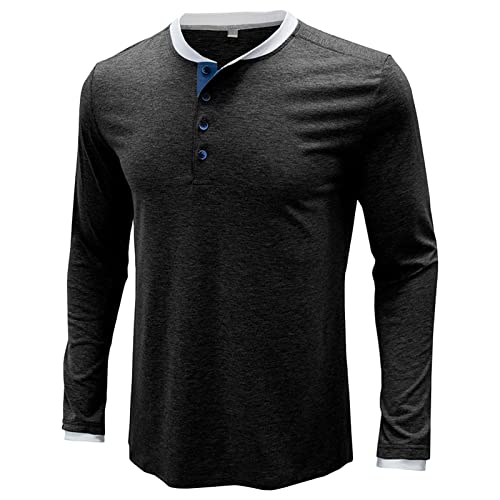 Men Long Sleeve Henley Shirs Fashion Soild Button Cotton Tees Casual Crewneck Basic Workout T Shirts (Small,Dark Grey)