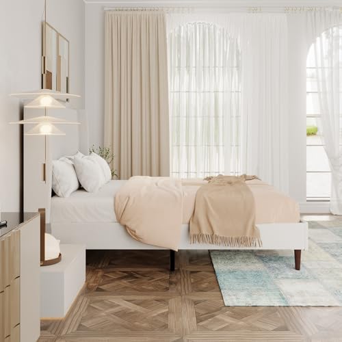 KEIKI Chenille Queen Bed Frame with Wingback High Headboard and Solid Wooden Legs, Upholstered Platform, No Box Spring Neede, Ivory White by KEIKI - Image 6