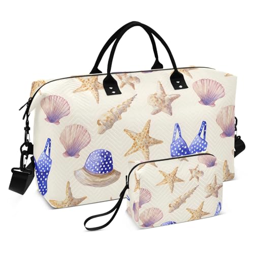Travel Gym Bag, Beach Accessories Hat Seashells Weekender Overnight Duffle for Women with Toiletry Bag Travel Swim