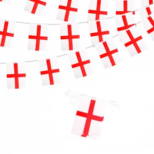 10m England St Georges Cross Flag Polyester Bunting Banner with 30pcs Flags for 2026 World Cup Party Decorations 14x21cm Rectangle String Flags for football fans Game Day National Day Pub Party Decor