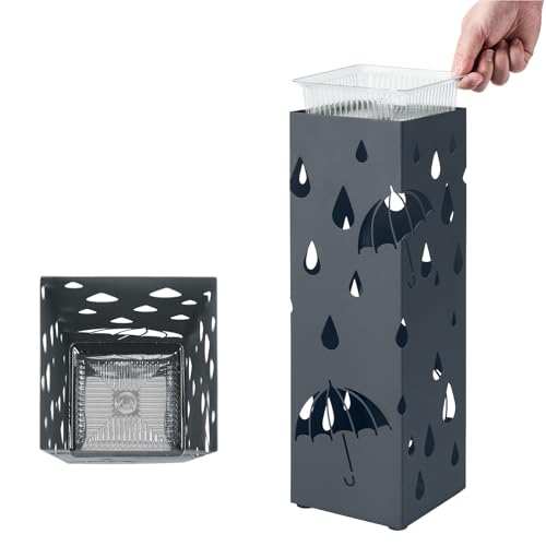 SONGMICS Regenschirmständer aus Metall, Schirmständer, quadratisch, mit Wasserauffangschale und 4 Haken, 15,5 x 15,5 x 49 cm, anthrazit LUC049G01