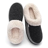 Vonmay Men's Wool Plush Fleece Lined Slip On Memory Foam Clog House Slippers Indoor / Outdoor (11-12 D(M) US, Black/Gray)