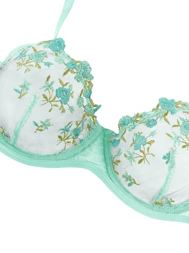 Lilosy Women Sexy Floral Embroidered Mesh Sheer Underwire Push Up Lingerie Set See Through Bra and Panty 2 Piece Flower Mint Green Small - Thumbnail 4