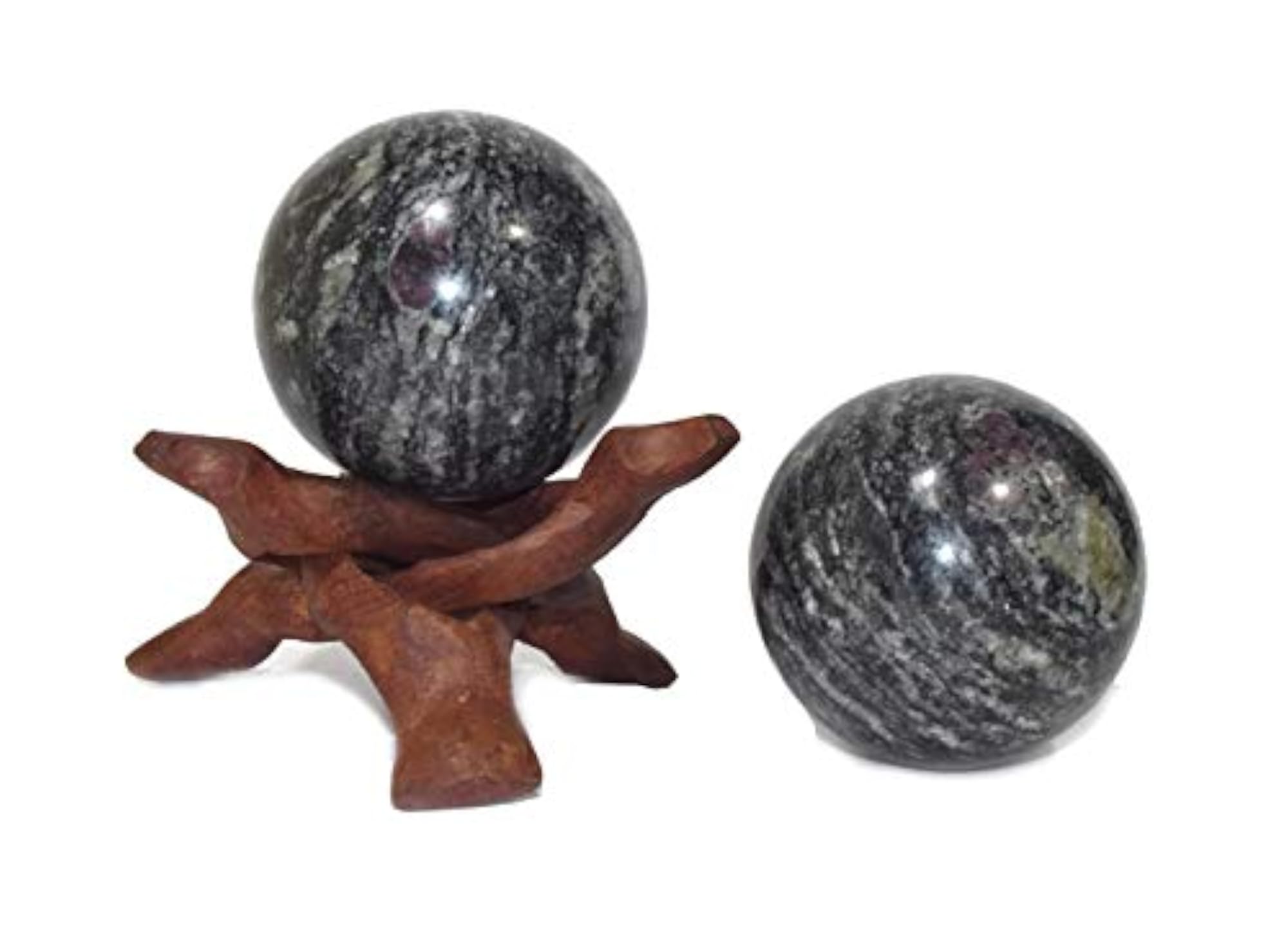 Ruby Matrix Sphere with Wooden Ball Stand, Natural Crystal