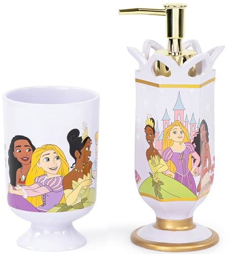 Jay Franco Disney Princess 2 Piece Bathroom Set - Purple Soap Dispenser & Tumbler Set - Kids Resin Bathroom Accessories Features Moana, Cinderella & Rapunzel