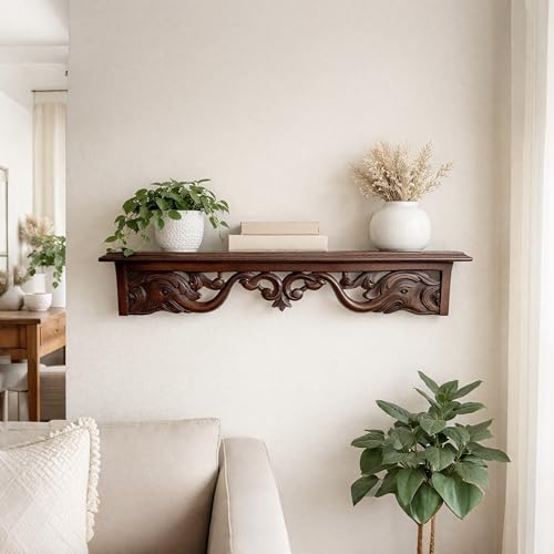 WOODSOME™ Handcrafted Wooden Wall Bracket Shelf | Decorative Solid Wood Wall Mount Shelf for Living Room, Bedroom, Mandir & Office | Vintage Carved Design | 24 x 5 x 4.5 Inches