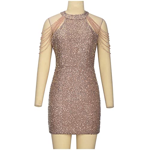 Mifsaly Womens Glamorous Sequined Mini Dress With Tassels Bodycon Sparkly Sequined Mini Dresses Sexy Sequined Cocktail Dress Khaki #TOP5