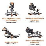 Evolution Power Tools R210SMS-300+ Pilarka ukosowa z przesuwem do cięcia wielu materiałów, skos 45 stopni skos 50 stopni przesuw 300 mm dołączony brzeszczot Tnie drewno plastik metal 1500W 230V 210 mm