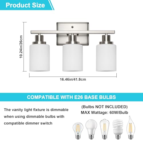 Image of Ascher Bathroom Light Fixtures, 3-Light Vanity Light Over Mirror, Modern Brushed Nickel Wall Sconces with Milky White Shades, Wall Lamp for Kitchen Hallway Cabinet Porch E26 Base