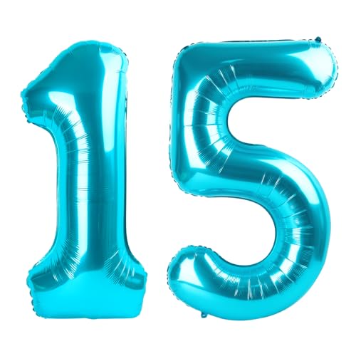Image of Number Balloons 15 Balloon Light Blue for 15 51 Birthday Decorations, 40 in | Saturated Color, Large 40 in, With Inflation Straw & Hanging Hole, Great for Men's Party, Back-To-School Season, Pool Party