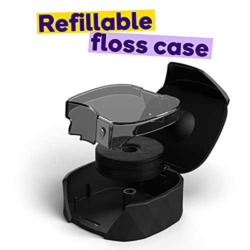 Burst Refillable Dental Floss Dispenser Set - Juniper Berry Scent - Charcoal Coated, Expanding Floss - Stain-Absorbing, Woven Tooth Floss - Black Case + 32 Yards Charcoal Floss #TOP1
