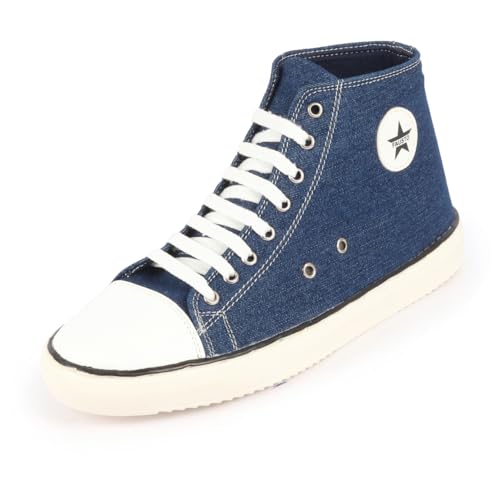 Image of FAUSTO Men's Mid Top Star Toe Cap Upper Denim 8-Eye Lace Up Canvas Sneakers Shoes