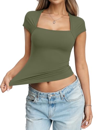 Eachyes Womens Square Neck Short Sleeve Shirts Cap Sleeve Low Cut Tops Sexy Slim Fit Basic Tee Y2k Going Out Cute Summer Crop Outfits 2026 Army Green X Small — view 5