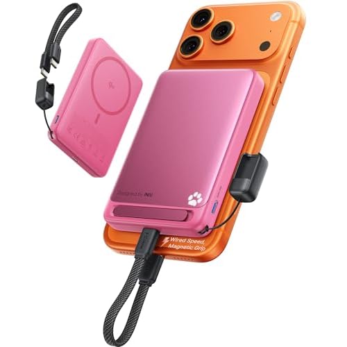 INIU for Magsafe Power Bank, Pretty Pink Slimmest 10000mAh 15W Magnetic Power Bank, 45W Fast Charging with Attached USB C Cable & Kickstand, Battery Pack for iPhone 17 16 15, Gift Idea for F