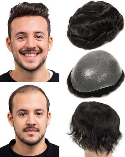 BEEOS 0.10mm Durable PU Skin Toupee for Men, 130% Medium Density Volume Human Hair Mens Hairpiece No...