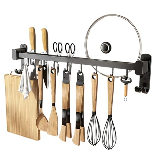 Lxoraziy 40cm Barra Colgador Utensilios Cocina, Barra Utensilios Cocina de Aluminio con 6 Ganchos, Soporte para Cuchillos Barra, para Ollas, Sartenes, Cuchillo, Cucharón de Cocina, Negro
