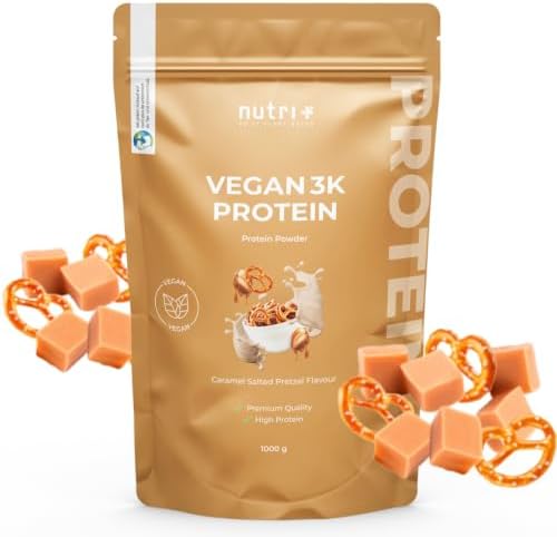 Nutri + Eiweiß Pulver Vegan Salted Caramel Pretzel 1 kg - 78% Eiweiß - 3K Mehrkomponenten Protein Karamell Salty Brezel - Pflanzliches Proteinpulver 1000 g