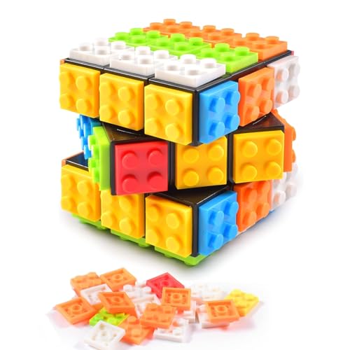 Qooloo Cubo Magico 3x3, Speed Cubo Mágico, 2 en 1 Build-on Brick Cubo Mágico, 3D Magic Cube, Cubo de Rubik, Cubo de Velocidad, Brick Speed ​​Cube Toy para Niños Adultos Niños Niñas Regalo, Negro