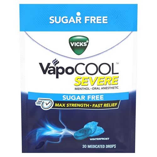 Vicks VapoCool Severe Sugar Free Medicated Sore Throat Drops Max Strength Menthol Soothes Sore Throat Pain Winterfrost Flavor 30ct