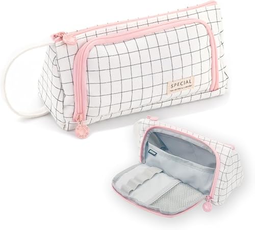 Image of OSDUE Large Capacity Pencil Case, Grid Pattern Canvas Pen Pouch with Handle, Cute Aesthetic Multi-Compartment Organizer for Pens, Makeup Brushes, School & Office Supplies