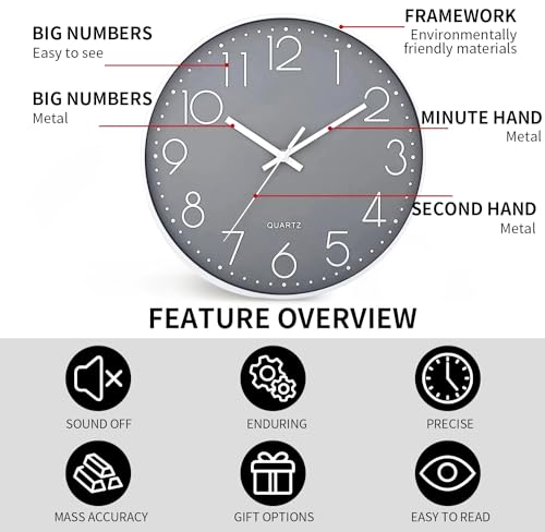 SIN&MI Wall Clock Silent & Non Ticking Modern Quartz Battery Operated Digital Quiet Sweep Office/Home/School/Kitchen Decor Clocks 9 Inch - Image 4