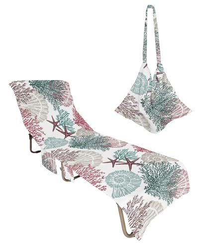 Red Teal Grey Coastal Beach Lounge Chair Towel Cover, Soft Chaise Lounge Towel with Side Pockets Patio Pool Chairs Cover for Beach/Pool Sunbathing 29x85 Summer Beach Coral Nautical Seaside