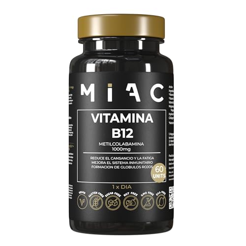 MIAC Vitamina B12. Metilcobalamina B12 60 Cápsulas. 1000 mcg. Vitaminas B12 para Combatir Cansancio y Fatiga. Complemento Alimenticio para el Sistema Inmune. Complejo B12 Plus Energía