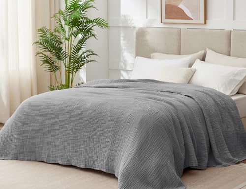 Image of 100% Cotton Muslin Blanket King 108 inch x 90 inch, 6 Layers Breathable and Lightweight Cotton Throw Blanket for Bed, Soft Quilt Bedspread Coverlet, Gauze Blanket for Adults All Season, Grey