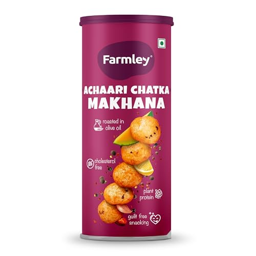 Farmley Roasted and Flavoured Makhana | Achaari Chatka Makhana | Namkeen Snacks & Puffed Snacks | Healthy Snack | Cholesterol & Gluten Free | Rich In Protein & Fiber | Roasted in Olive Oil - 77g Jar