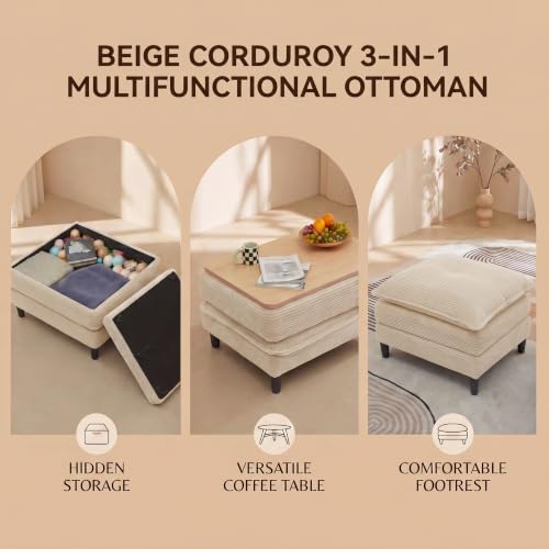 Image of 107.3 inch U Shaped Cloud Couch Modern Modular Sectional Sofa with 2 Storage Ottoman Coffee Table, 3-Seat Corduroy Deep Seat Sofa with Throw Pillows for Living Room, Bedroom, Apartment, Cream