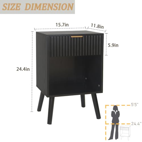 Image of Fultyle Black Fluted Nightstand, Modern Bedside Table with Drawer and Open Storage, End Side Table Living Room with Solid Wood Legs for Bedroom (Black)