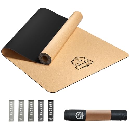 HAPBEAR Large Cork Yoga Mat - 72"x36" Wide Non-Slip for Home Workout, Yoga, Pilates & Stretching - 6mm Cushioned Support - Eco-Friendly & Durable - Bonus Resistance Bands & Carry Bag Include