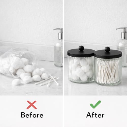 2-Pack-Glass-Qtip-Holder-Dispenser-Set-Bathroom-Canister-Storage-Organizer-for-Cotton-Balls-Swabs-Floss-Picks-and-Makeup-Sponges-with-Matte-Black-Metal-Lid-Clear-Vanity-Apothecary-Jars