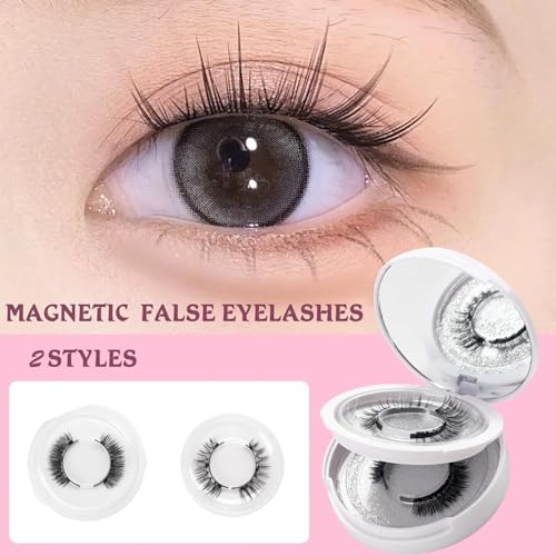 Dois estilos de cílios magnéticos aparência natural, 2 pares reutilizáveis, sem necessidade de cola,